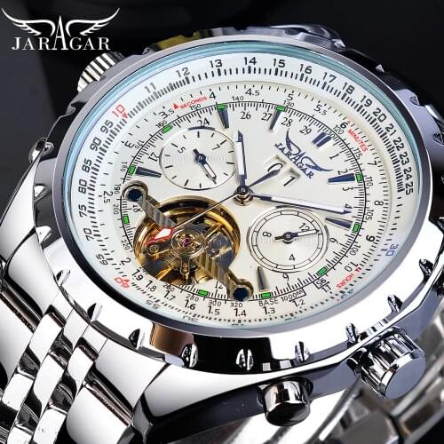 Jaragar Silver White Tourbillon Male Mechanical Watch Automatic Big Analog Luminous Hands Calendar Stainless Steel Band Watches