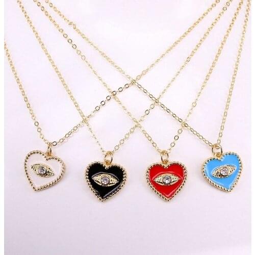12PCS, Heart shaped Enamel Eyes Charm Pendant Necklaces Cubic Zirconia Eye Enamel Necklace For Women Girl