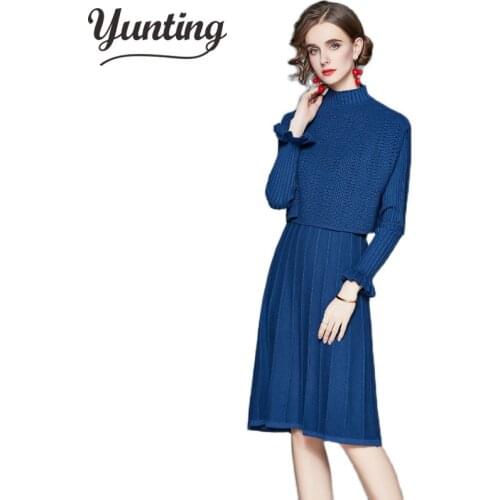Autumn Winter Elegant Knitted Pleated Dress Women Long Sleeve Office Sweater Dress