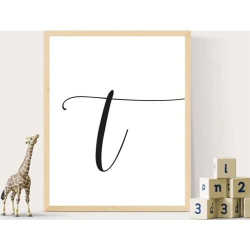 Letter T Prints Black And White Minimal Typography T Scandinavian Wall Poster Monogram Nursery Wall Art Canvas Painting Decor