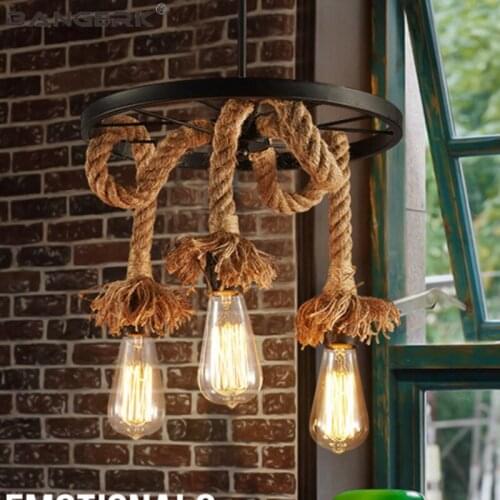 Industrial Loft Black Wheels Hemp Rope Pendant Lamp LED Edison Nordic Vintage Hanging Lights Pendant Lighting Home Decor
