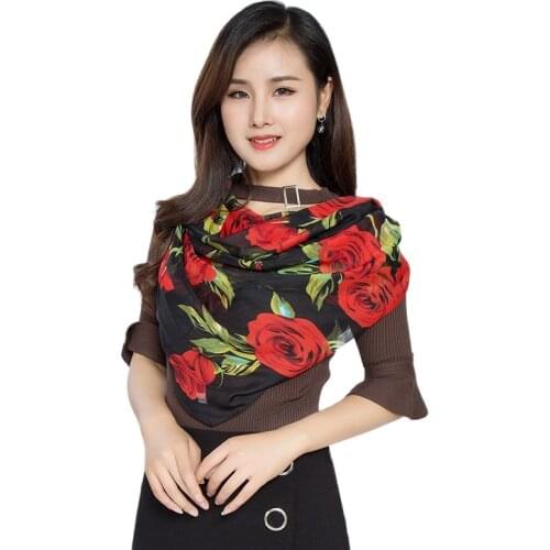Hot Sale Famous Design Womens Big Rose Printed polyester Square Scarf Woman silk scarf P9A99022