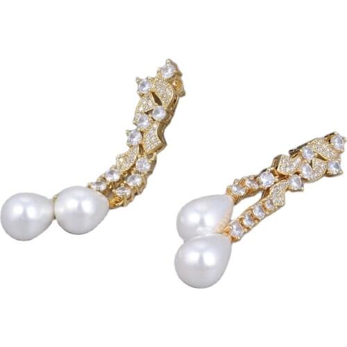 JK Teardrop White Sea Sell Pearl Cz pave Yellow Gold Color Plated Stud Earrings For Women Lady Girl Gift Jewelry