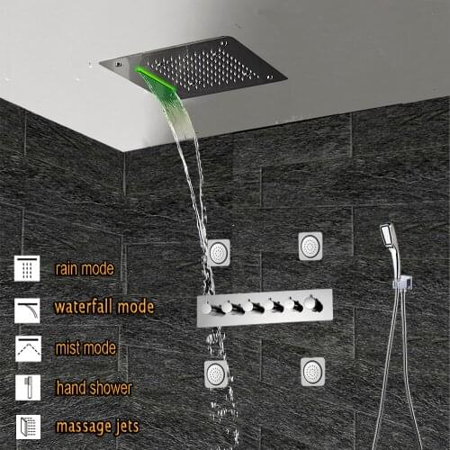 Large Flow Thermostatic Concealed Shower Mixer LED Ceiling Shower Head Luxury Bathroom Rain Waterfall Mist Massage Jets