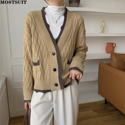 Vintage Chic V-neck Cardigan Knitwear Women Full Sleeve Single-breasted Color-blocked Sweater Elegant Stylish Ladies Tops 2021