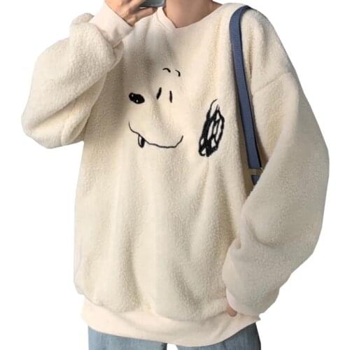 Sweet Girly Style Winter New Arrivals Women Hoodie Sweatshirt Apricot Lamb Wool Embroidery Cute Puppy Female Loose Pullover