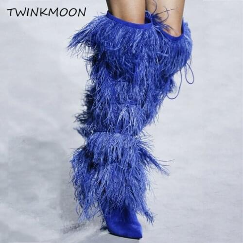 Plus Size 45 Fringe Boots For Women Tassel Knee High Boots High Heels Furry Womens Boots Runway Fashion zapatos de mujer