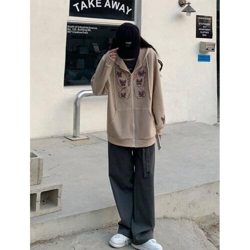 Y2K Womens Sweatshirts Oversized Hoodie Butterfly Retro Pocket Womens Long-sleeved Pullover 2021 zip up Hoodie