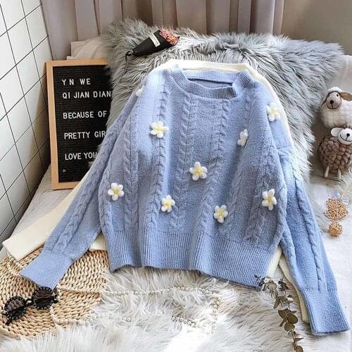 Women Flower Pull Sweaters Oneck Long Sleeve Casaul Pullover Sweaters Japaniese Style Cute Outwear Knit Loose Floral Jumper