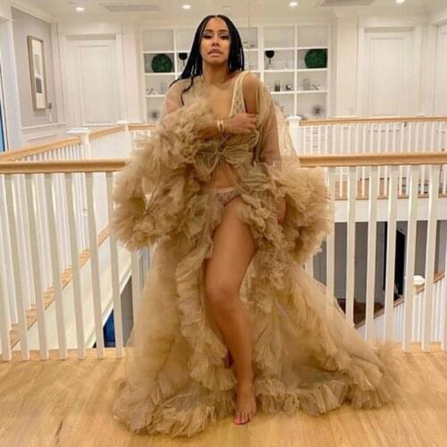 Sexy Champagne Ruffles Tiered Tutu Overlay Jacket See Thru Women Robe Full Sleeves Female Long Dresses