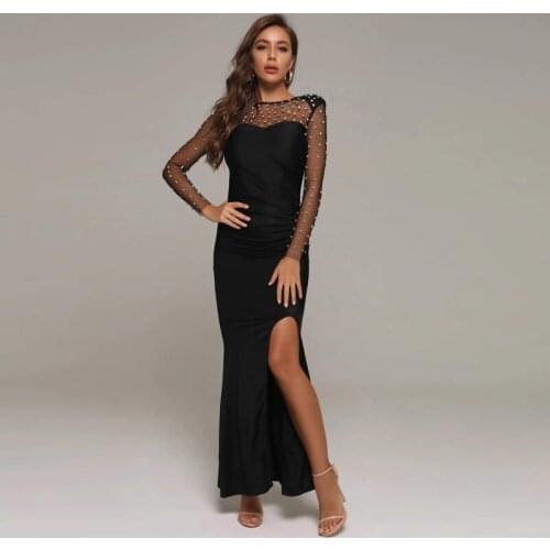 Maxi Dress For Women O-Neck Long Sleeve Ankle Length Patchwork Neck Mermaid Dress Black Dress Autumn Vestidos