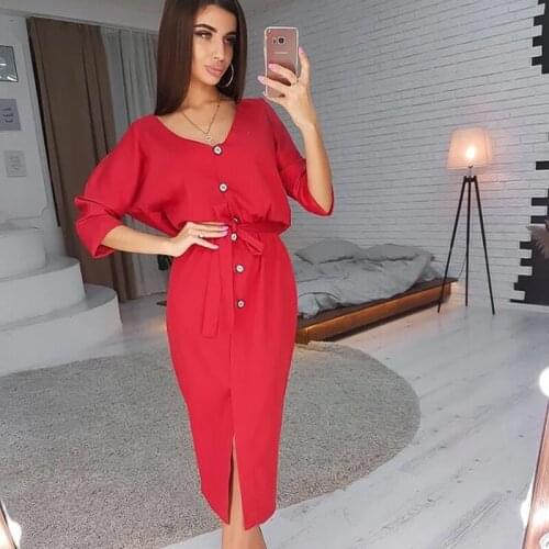Women Elegant Backless Half Sleeve Party Dress O-neck Autumn Back Buttons Sashes Straight Midi Dress Solid Color Fashion Dress