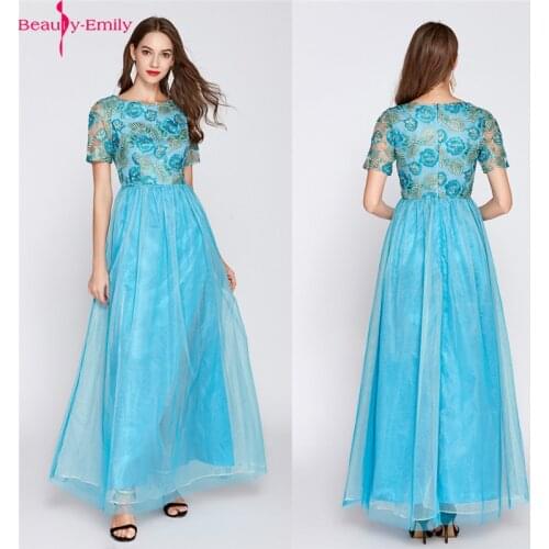 Beauty-Emily Long Orange Sky Blue Evening Dresses with Flower Appliques 2019 A-Line Short Sleeve Scoop Prom Dress Robe De Soiree