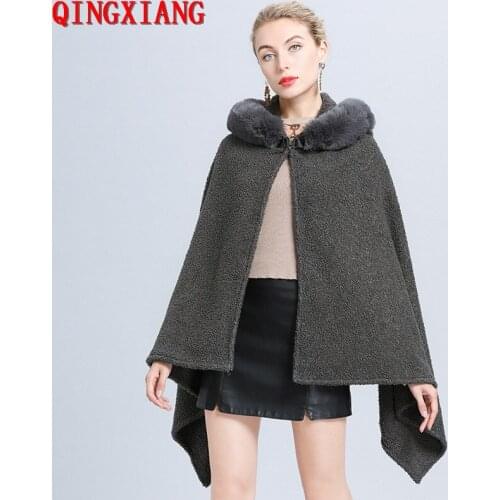 2020 New Fashion Plus Size Granular Velvet Pashmina Women Fur Neck Poncho Dark Grey Shawl Long Streetwear Lady Cloak With Hat