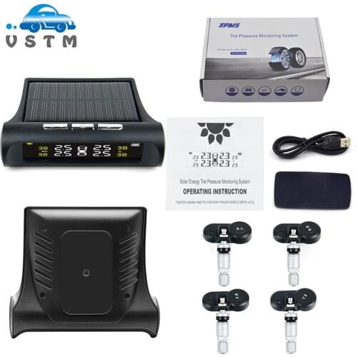 2020 VSTM Solar Power USB TPMS Car Tire Pressure Monitoring System LCD 4 External / Internal Sensors for SUV Temperature Warning