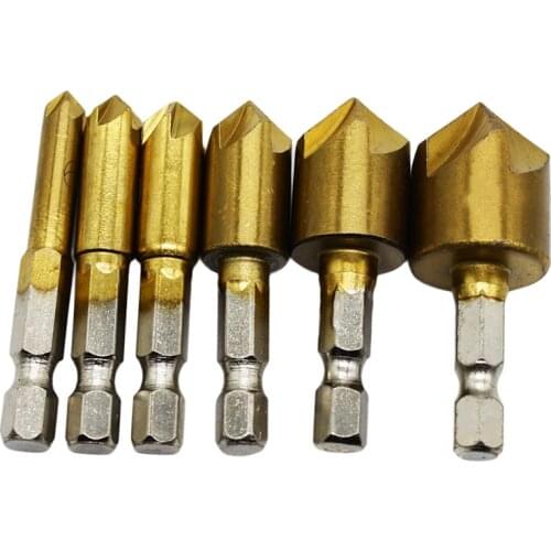 6pcs Countersink Drill Wood Reverse Taper Hole 1/4" Hex Shank 90 Degree Wood Chamfering Cutter 6mm-19mm Screw Counterborer Bit