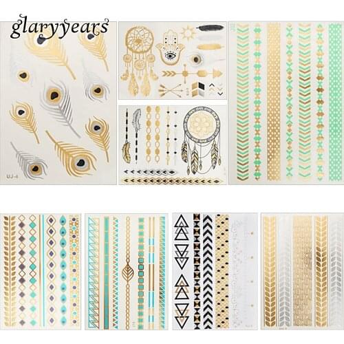 8 Pieces Feather Flower Design Flash Metallic Gold Tattoo Temporary Sticker DIY Makeup Tool Jewelry Chain Tattoo Body Art Decal