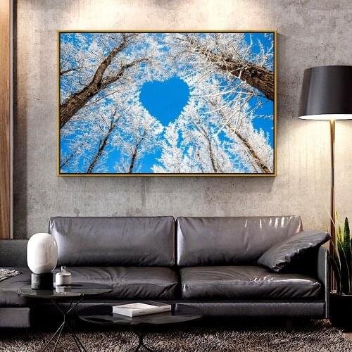 Artcozy Oil Canvas Painting trees_branches_winter_nature_snow_sky_heart_heart_love For Home Decoration Wall Art