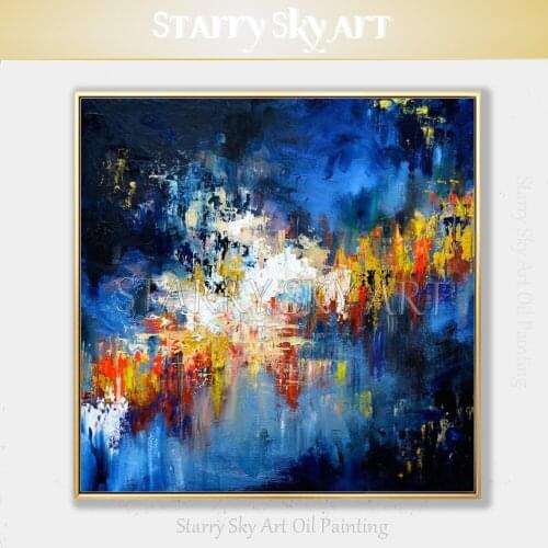 Unframed Hand-painted Abstract Blue Acrylic Painting on Canvas Rich Colors Abstract Blue Acrylic Knife Painting for Living Room