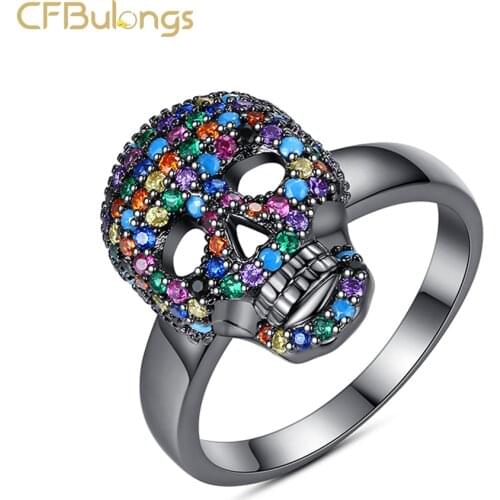 CFBulongs Men Retro Colorful AAA CZ Zircon Skull Ring Punk Rock Hip Hop Jewelry Black White Bling