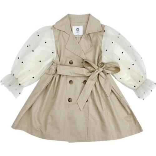 DFXD England Style Children Girls Windbreaker Jackets Fashion Spring Autumn Dot Mesh Puff Sleeve Girls Trench Coat Kids Outwear