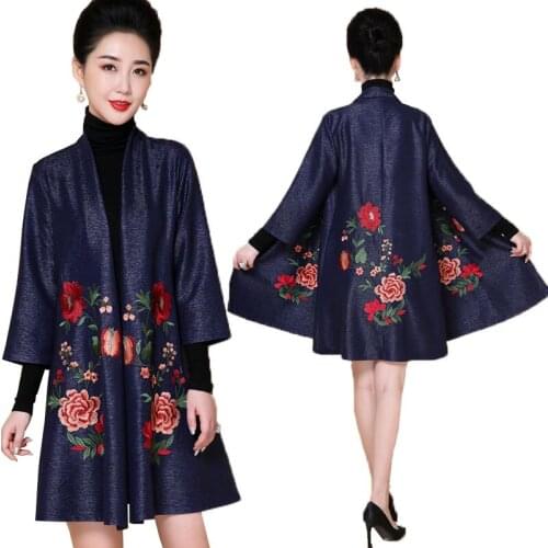 Middle-Aged Mother Spring Embroidery Shawl Mid-length Coat Middle-Aged Female Plus Size Spring Autumn Windbreaker Women 4XLD1049