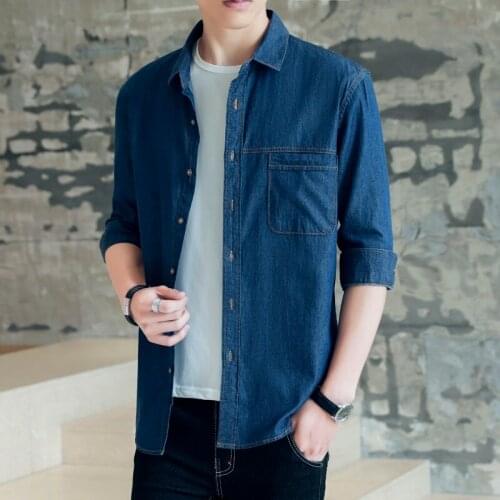 Denim Male Cotton Shirt Mens Tunic Vintage Hiphop Men Clothes 2019 Blue Mens Shirts Regular Fit KK2989