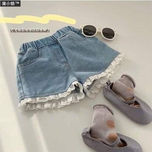 Baby Girls Denim Shorts Summer 2021 New Korean Kids Clothes Short Pants Little Girl Hot Pants Fashion Lace Patchwork Shorts 2-8Y