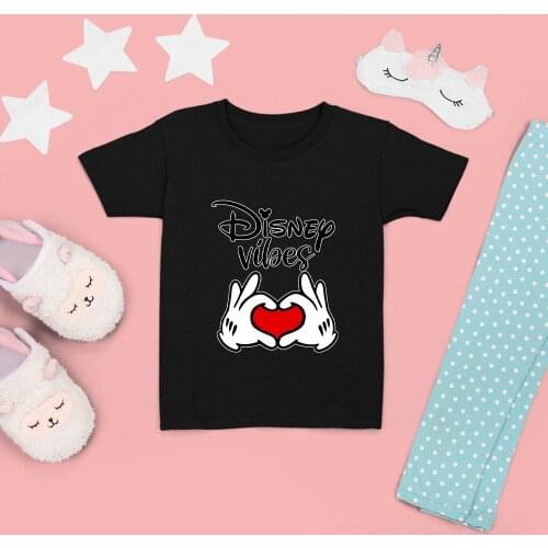 Kids Summer New T-shirt Printing O-Neck Loose Tshirts Harajuku Black White Top Disney Pattern Kawaii Outdoor Korean Style Tee