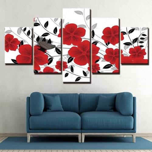 Hd Prints Home Decoration Red Flower Pictures Wall Artwork Modular Poster Plant Painting 5 Pieces Canvas For Living Room Framed