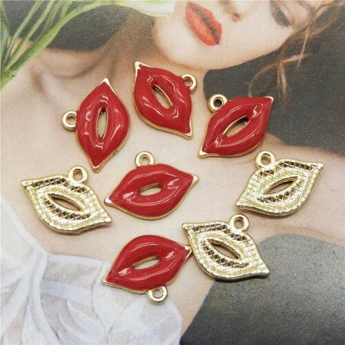 Julie Wang 10PCS Enamel Red Lip Charms Sex Mouth Alloy Golden Tone For Necklace Pendant Findings DIY Jewelry Making Accessory