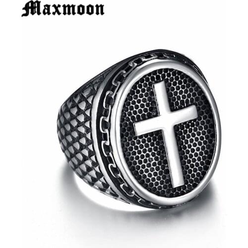 Maxmoon Knight Templar Crusaders Logo Mens Signet Rings Cross Titanium Steel Medieval Anel Masculino Jewelry For Gifts Size 7-13
