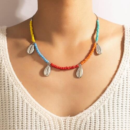 Meetvii Colorful Handamde Seed Bead Necklace Korean Small Beaded Shell Choker Necklace for Women Fashion Collar Party Jewelry