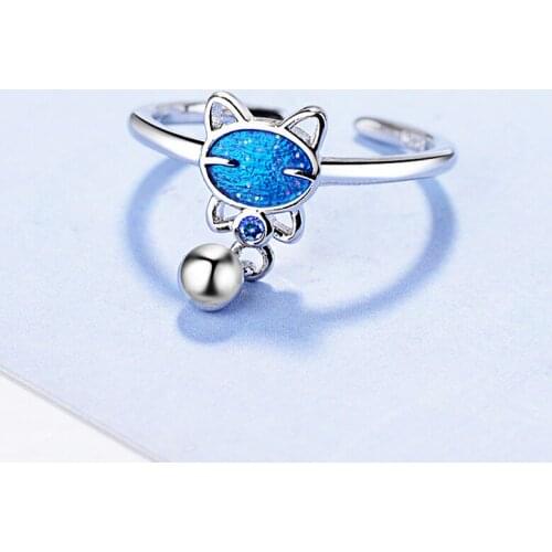 Cute Blue Epoxy Resin Cat Head Ring Tiny Bead Pendant Open Charm Finger Rings Fashion Party Jewelry Gifts for Women Girls