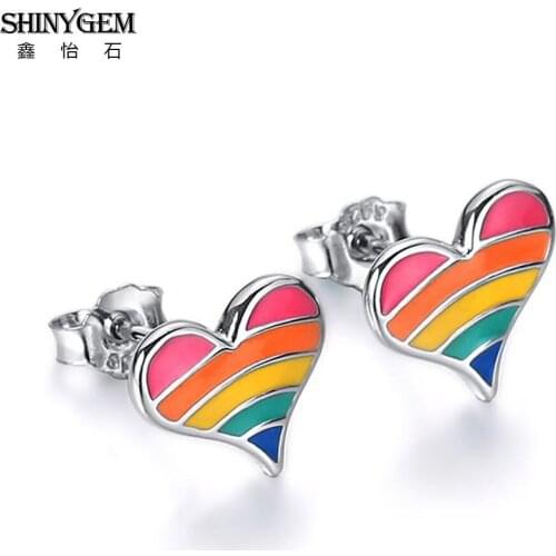 ShinyGem Fashion 9mm-12mm Love Heart Rainbow Stud Earrings Charm Lovely 925 Sterling Silver Cute Korean Earrings For Women Girls