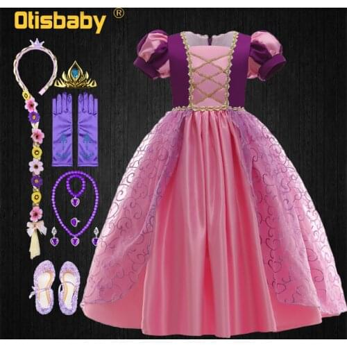 NEW Christmas Summer Dress Girl Tangled Rapunzel Princess Shein Kids Clothes Cosplay Sofia Party Ball Gown Dress Wig Accessories