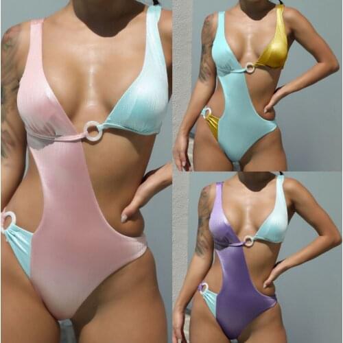 New Women 1-piece Swimsuit Adults Shiny Hollow Out Color Block Swimwear with Chest Pad Sexy Shiny Reflective Band Ring Swimsuit