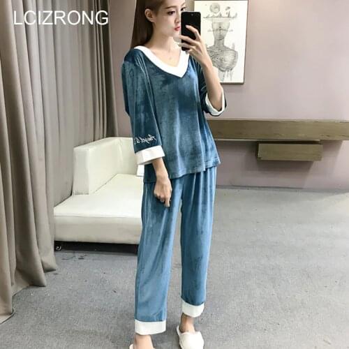 Spring Fashion Velvet Pajamas Set Women V-Neck Three Quarter Sleeve Tops Long Pants High Quality Elegant Ladies Home Clothes