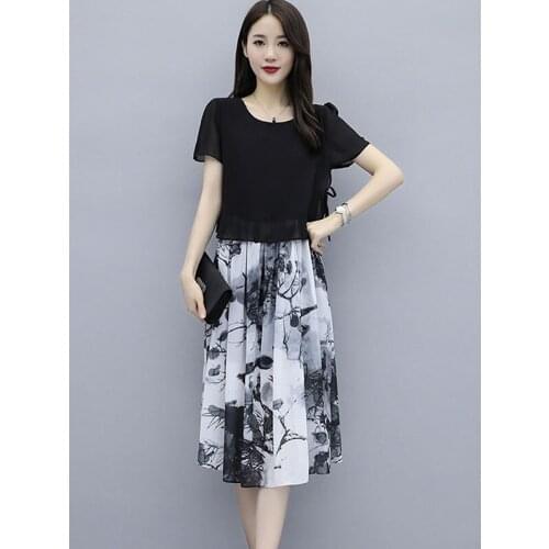 Summer Vestidos mid-length womens chiffon short-sleeved fashion printing stitching fake two-piece O-Neck slim dress D273