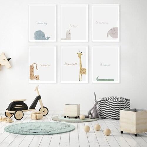 Nursery Animal Poster Kids Inspirational Quote Canvas Painting Watercolor Giraffe Whale Art Print Picture Baby Room Wall Decor
