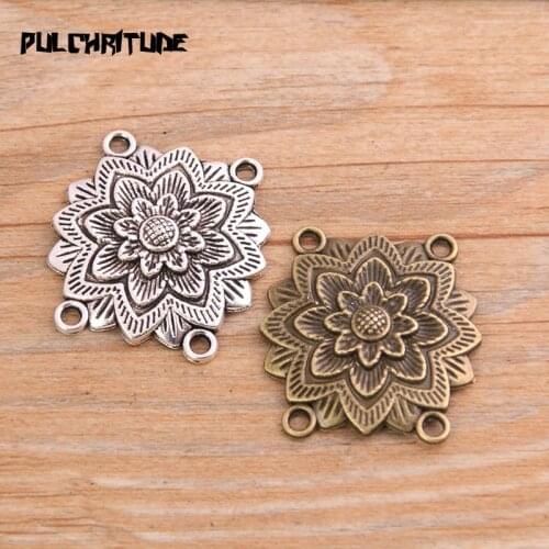 PULCHRITUDE 8pcs 27*28mm Retro Two Color Zinc Alloy Flower Pendants Connectors Linker For DIY Charm Jewelry Accessorie