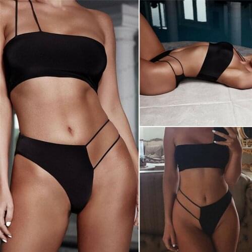 Sexy and Loose Solid Ladies Bikini Set One Shoulder Low Waist Thin Push-up Padded Bra Summer Bathing Swimming Swimsuit
