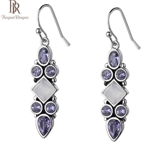 Bague Ringen Vintage Thai Silver 925 Earrings With Moonstone Purple lamethyst Charm Women jewelry Wedding Party Gift Wholesale