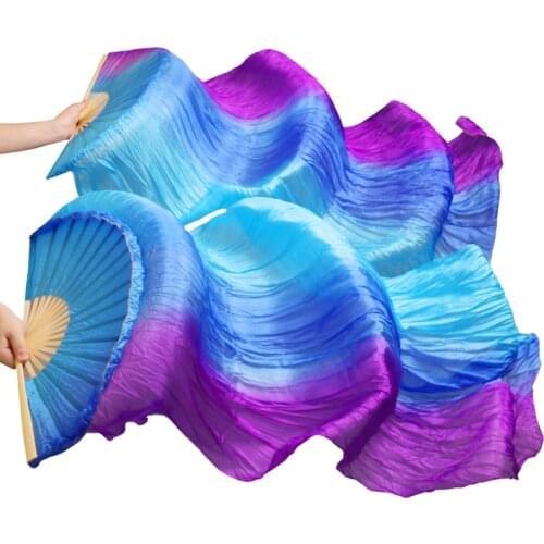 High Selling 100% Silk Veils 1 Pair Handmade High Quality Silk Belly Dance Fans Purple + Royal blue + Turquoise Stripe