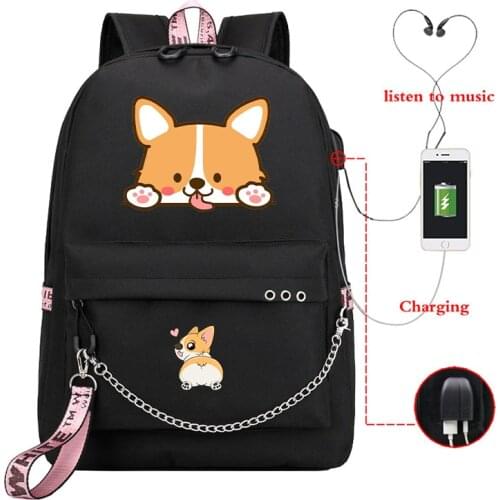 Corgi Dog Print USB Backpack School Bags Kawaii Animal Corgi Dog Travel Bags Laptop Chain Backpack Headphone USB Port Mochila