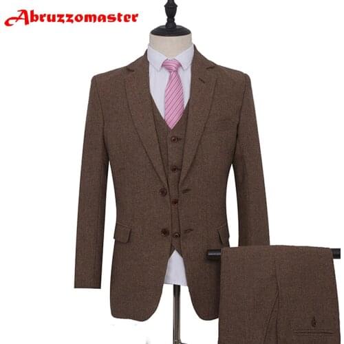 Harringbone Groom Tuxedos Brown man coat For Wedding Suits Groomsman Suit 2 Style Man Suit Tailor Suit Blazer Jacket+pants+ves