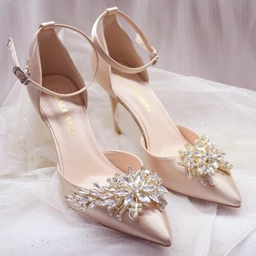 Summer pointed stiletto high-heeled silk bridal wedding shoe rhinestone crystal banquet dress small size all-match female sandal