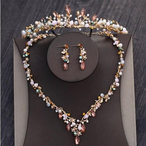 Baroque Vintage Gold Crystal Beads Bridal Jewelry Sets Rhinestone Diadem Crowns Necklaces Earrings Set Wedding Hair Accessories