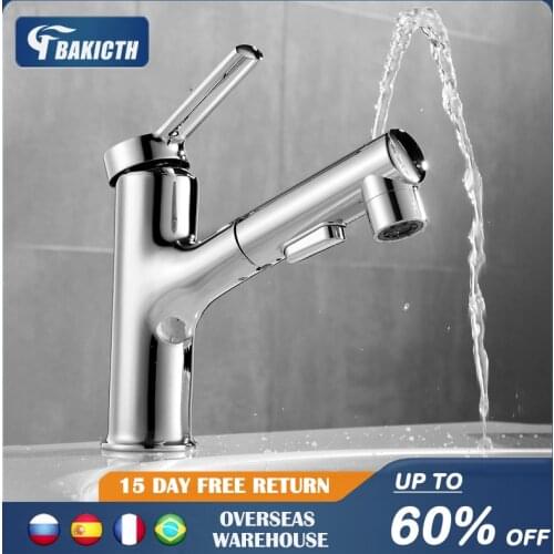 Bakicth Pull Out Bathroom Basin Sink Faucet Rinser Sprayer 360 Rotate Gargle Brushing 3 Mode Mixer Tap Cold & Hot Basin Faucet