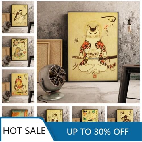 Japanese Floating Decorative Samurai Cat Retro Style Home Wall Decoration Art Poster Room Decorative Picture Canvas Painting